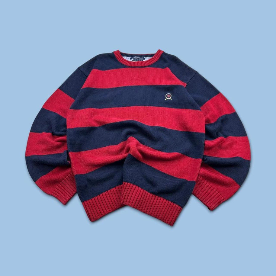 VINTAGE Y2K TOMMY HILFIGER STRIPED CHUNKY KNIT JUMPER NAVY / RED