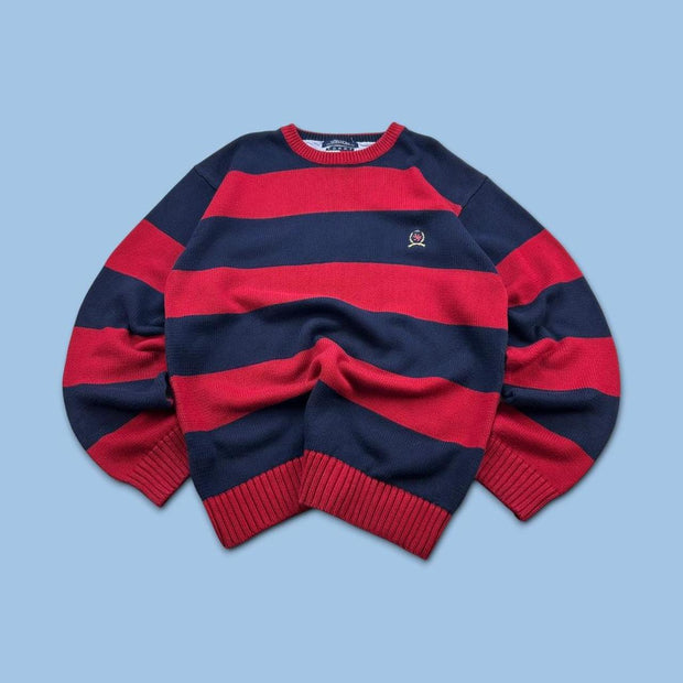 VINTAGE Y2K TOMMY HILFIGER STRIPED CHUNKY KNIT JUMPER NAVY / RED