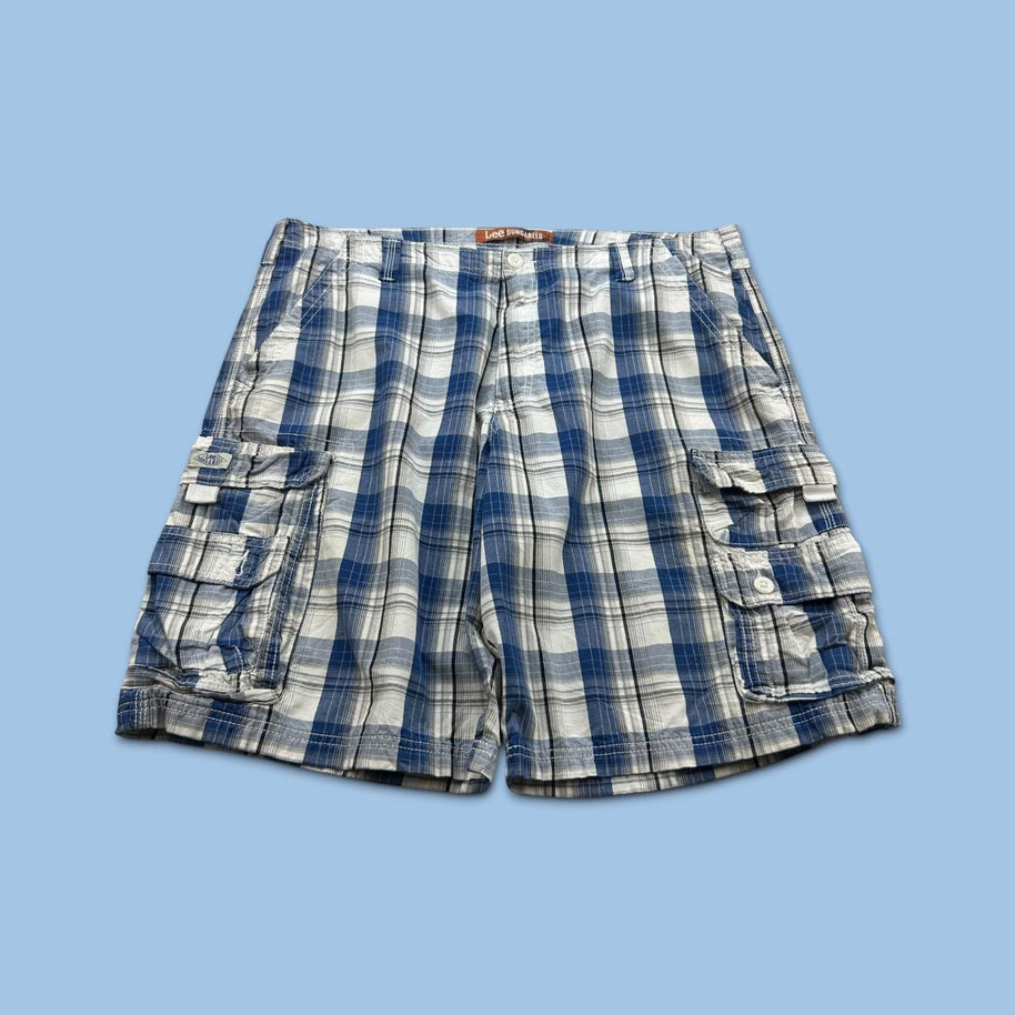 VINTAGE Y2K LEE BAGGY CHECKERED PLAID CARGO SHORTS WHITE / BLUE