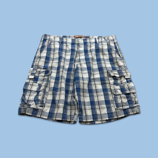 VINTAGE Y2K LEE BAGGY CHECKERED PLAID CARGO SHORTS WHITE / BLUE