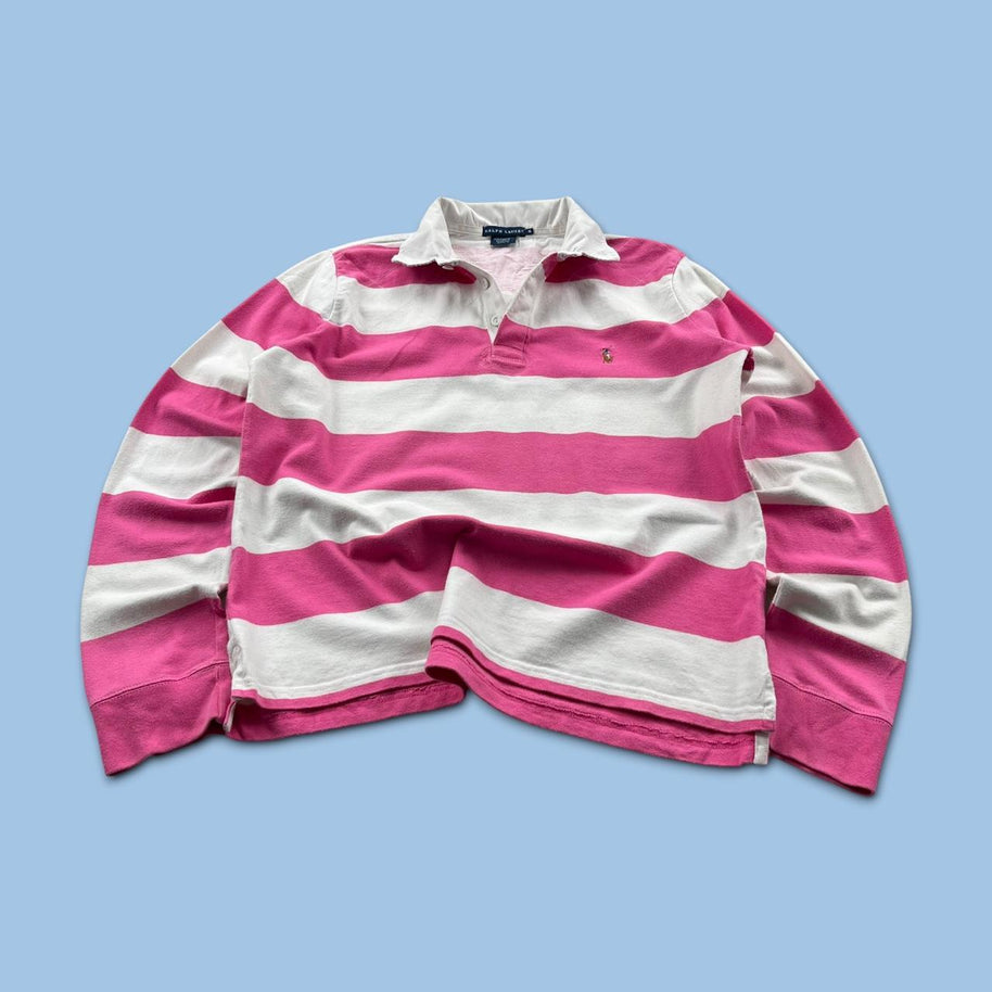 VINTAGE Y2K RALPH LAUREN STRIPED LONG SLEEVE RUGBY POLO SHIRT PINK WHITE