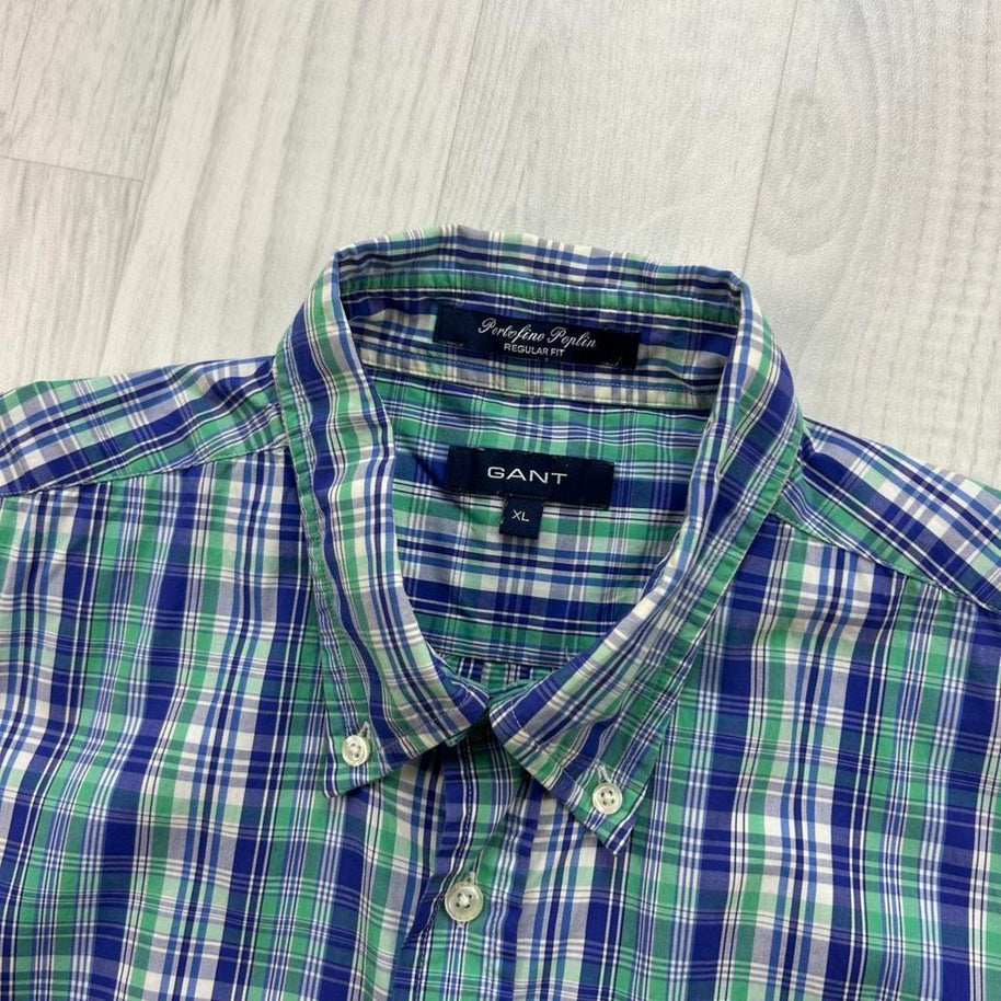 VINTAGE 00s GANT CHECKERED CROPPED SHORT SLEEVE BUTTON UP SHIRT GREEN / BLUE