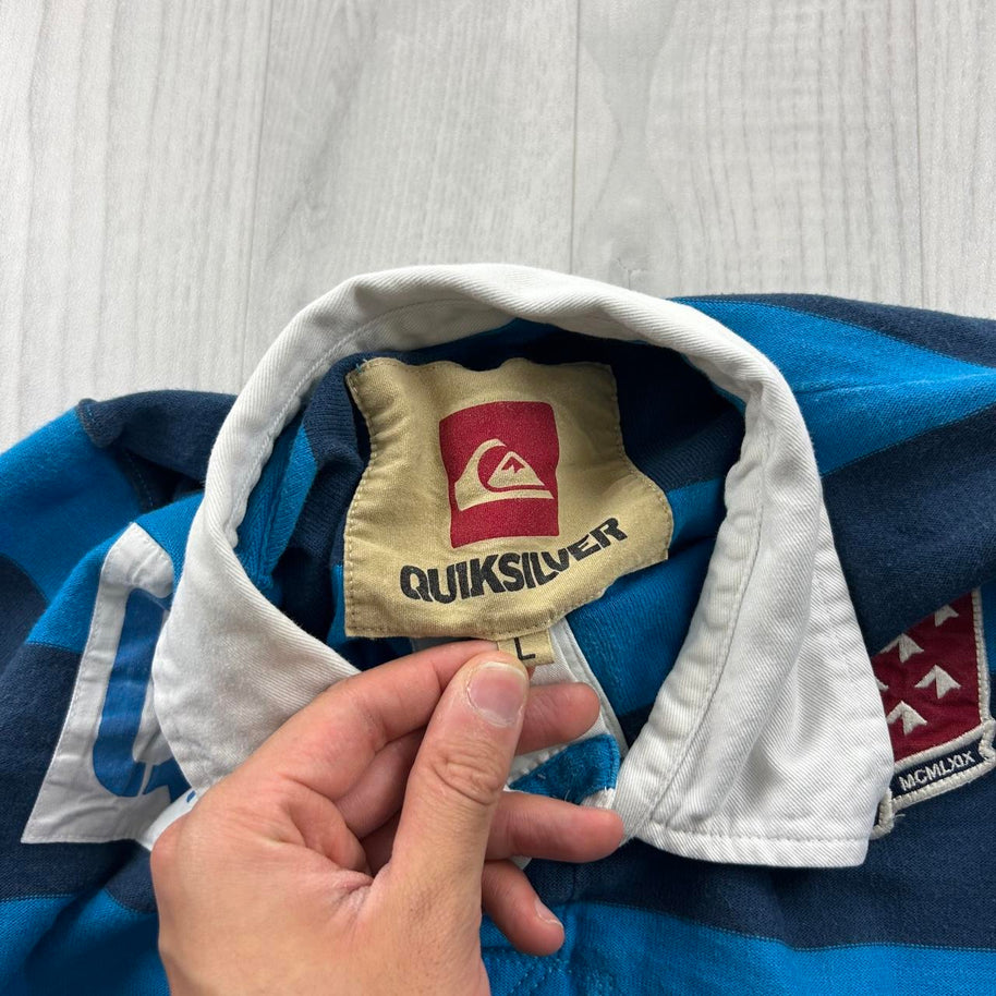 VINTAGE Y2K QUIKSILVER STRIPED LONG SLEEVE RUGBY POLO SHIRT BLUE