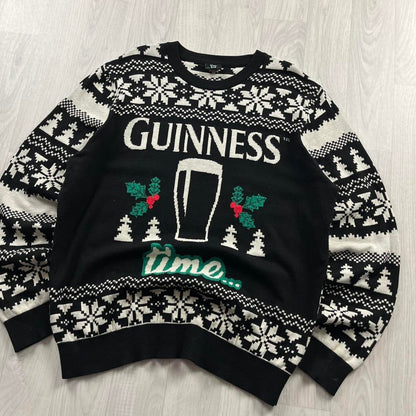 VINTAGE GUINNESS CHUNKY CHRISTMAS KNITTED JUMPER BLACK WHITE