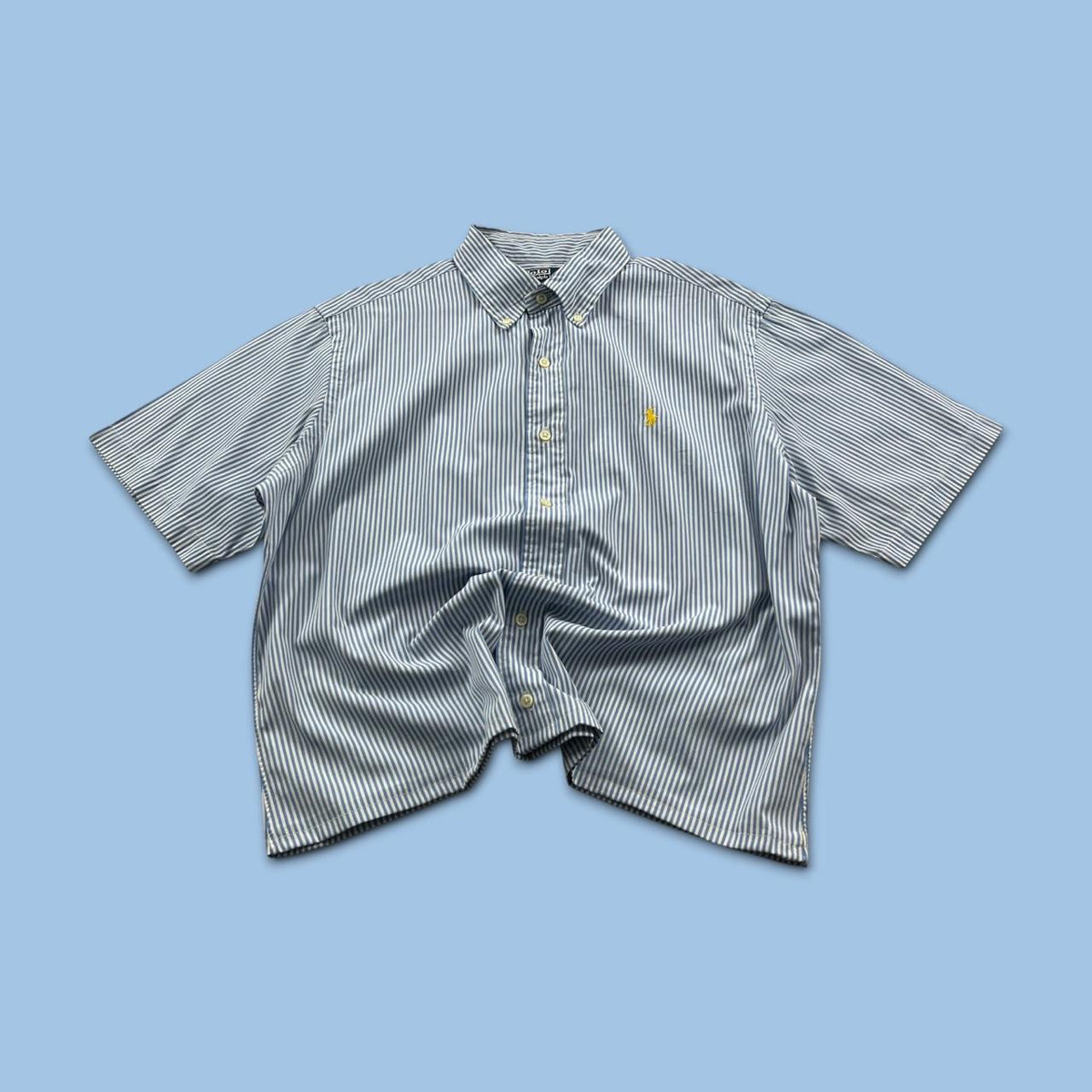 VINTAGE 00s RALPH LAUREN STRIPED CROPPED SHORT SLEEVE BUTTON UP SHIRT BLUE