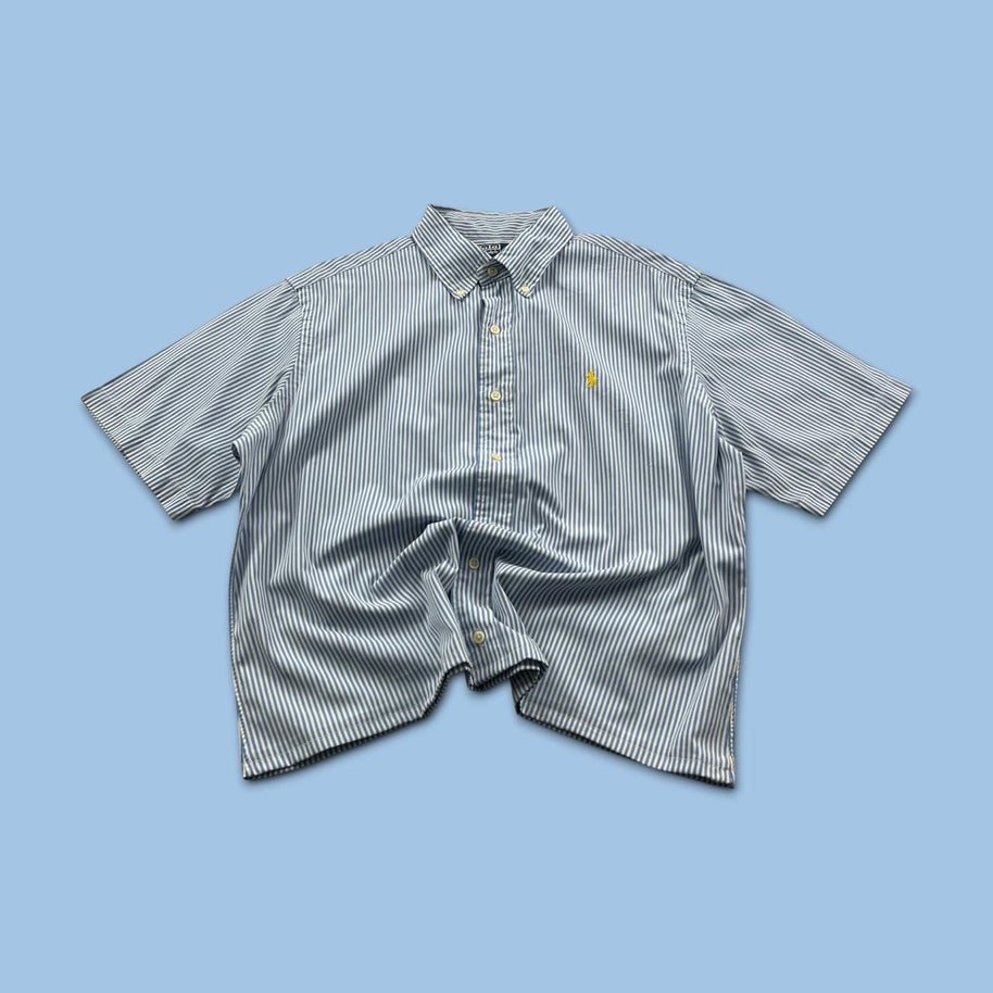 VINTAGE 00s RALPH LAUREN STRIPED CROPPED SHORT SLEEVE BUTTON UP SHIRT BLUE