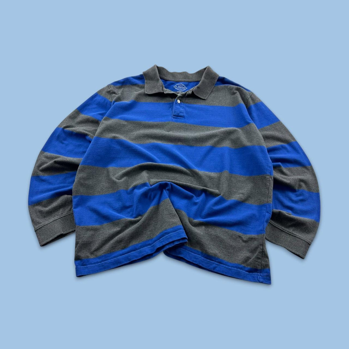 VINTAGE Y2K ST JOHNS BAY STRIPED LONG SLEEVE RUGBY POLO SHIRT GREY / BLUE
