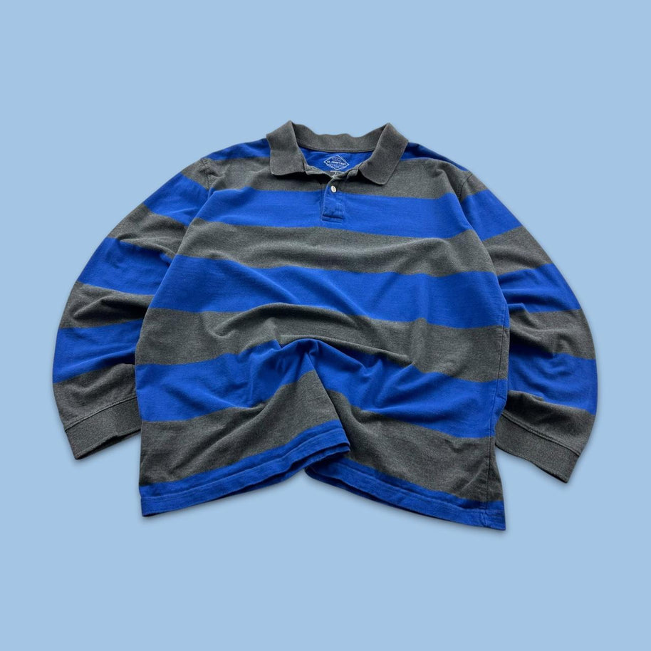 VINTAGE Y2K ST JOHNS BAY STRIPED LONG SLEEVE RUGBY POLO SHIRT GREY / BLUE