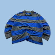 VINTAGE Y2K ST JOHNS BAY STRIPED LONG SLEEVE RUGBY POLO SHIRT GREY / BLUE