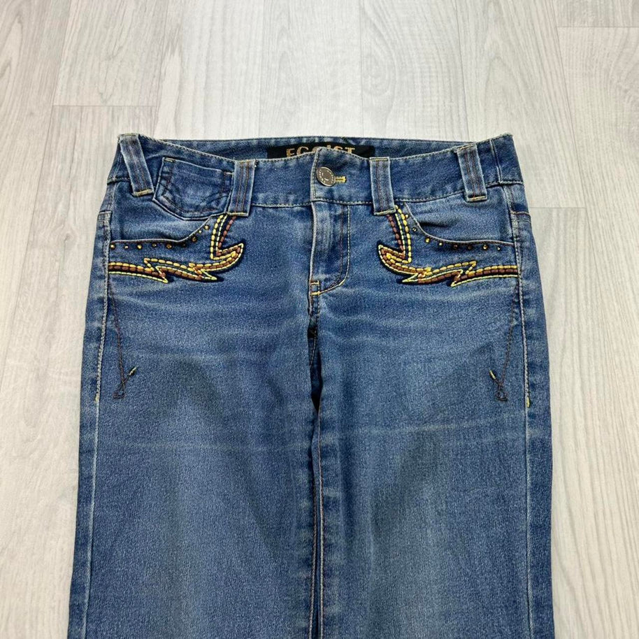 VINTAGE Y2K EGOIST LOW RISE EMBROIDERED FLARED JEANS BLUE