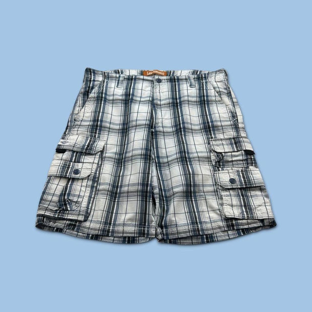 VINTAGE Y2K LEE BAGGY CHECKERED PLAID CARGO SHORTS WHITE / NAVY