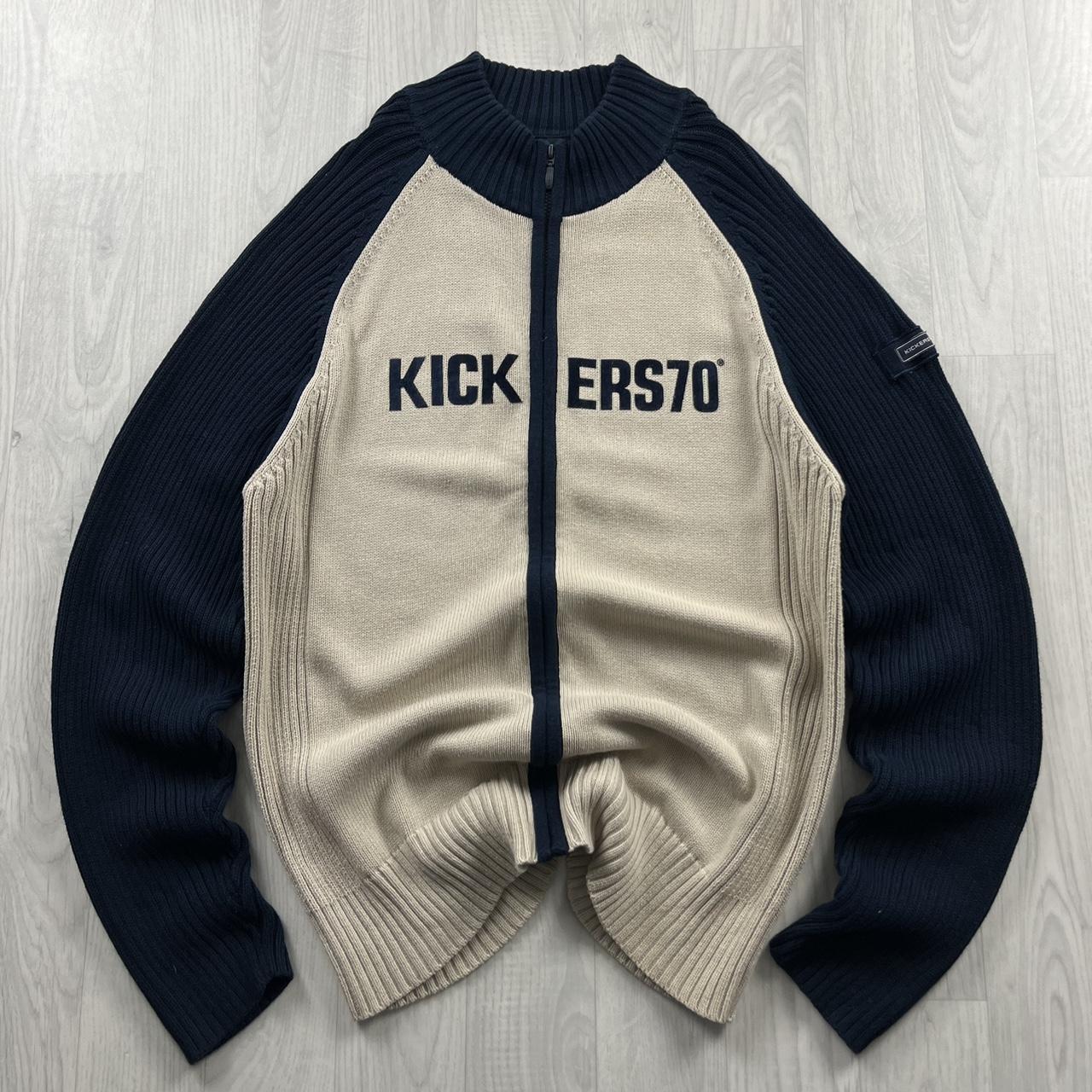 VINTAGE Y2K KICKERS CHUNKY RIBBED SPELL OUT ZIP KNITTED JUMPER CREAM NAVY