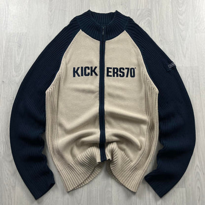 VINTAGE Y2K KICKERS CHUNKY RIBBED SPELL OUT ZIP KNITTED JUMPER CREAM NAVY