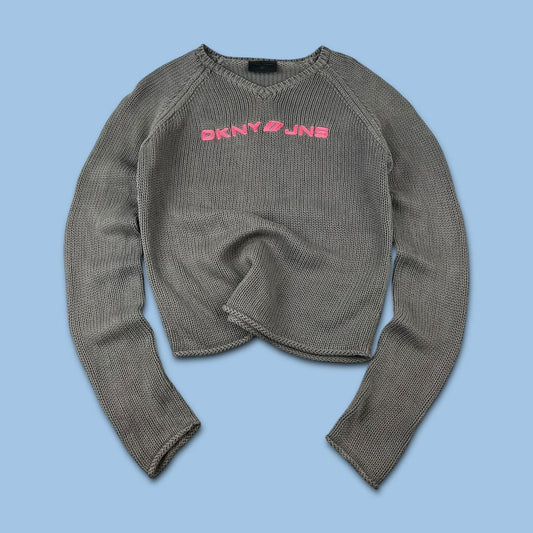 VINTAGE Y2K DKNY CROPPED SPELL OUT KNITTED JUMPER BROWN