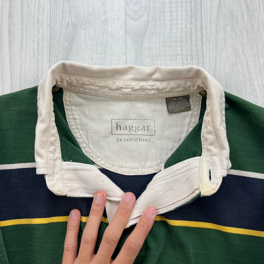 VINTAGE Y2K HAGGAR STRIPED LONG SLEEVE RUGBY POLO SHIRT GREEN