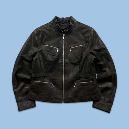 VINTAGE Y2K YESSICA UTILITY LEATHER JACKET BLACK (S)