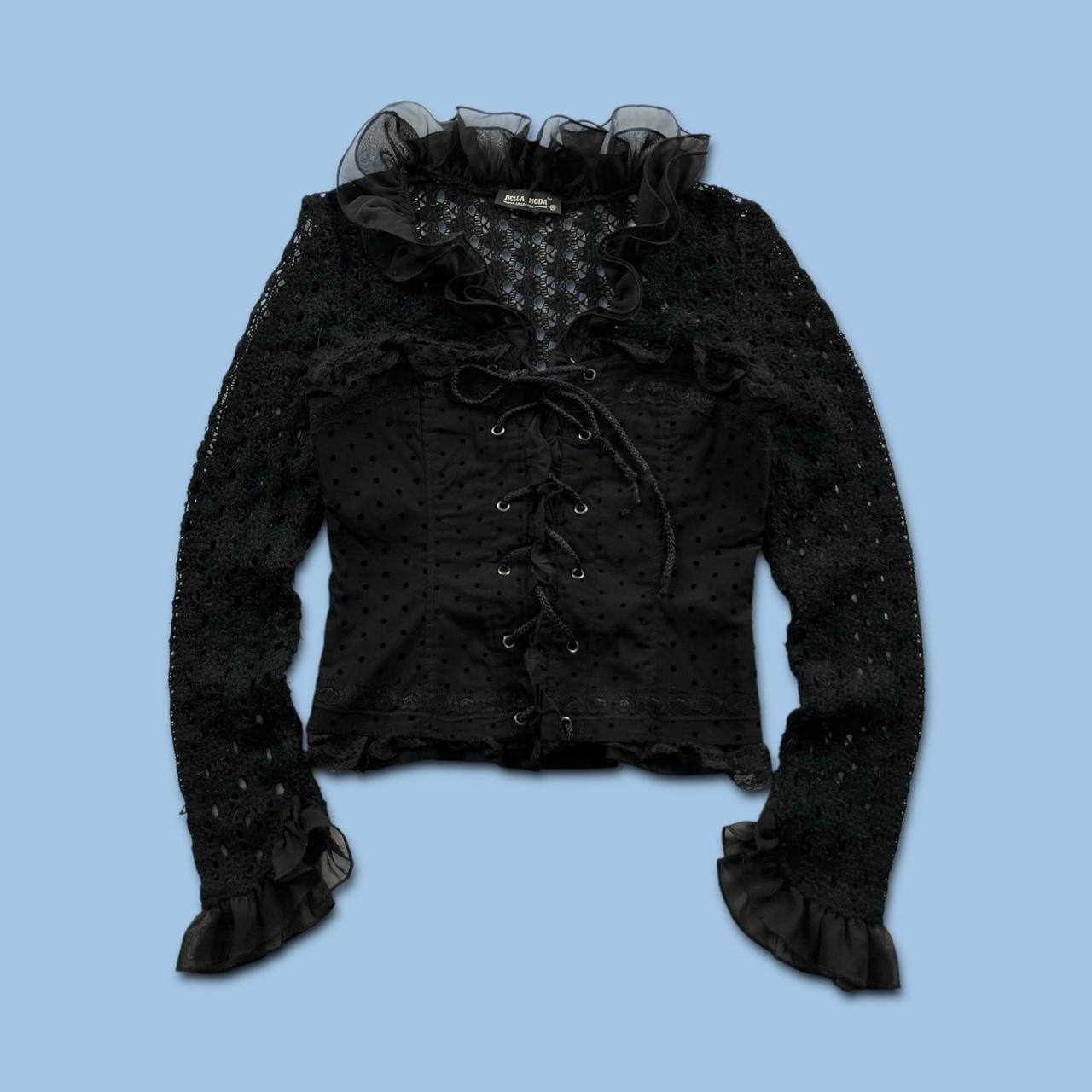 VINTAGE Y2K LONG SLEEVE CROTCHET CORSET RUFFLE TOP BLACK