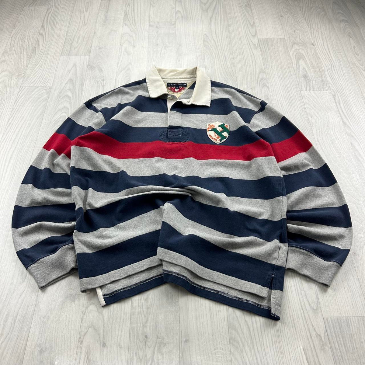 VINTAGE Y2K TOMMY HILFIGER STRIPED LONG SLEEVE RUGBY POLO SHIRT GREY / NAVY