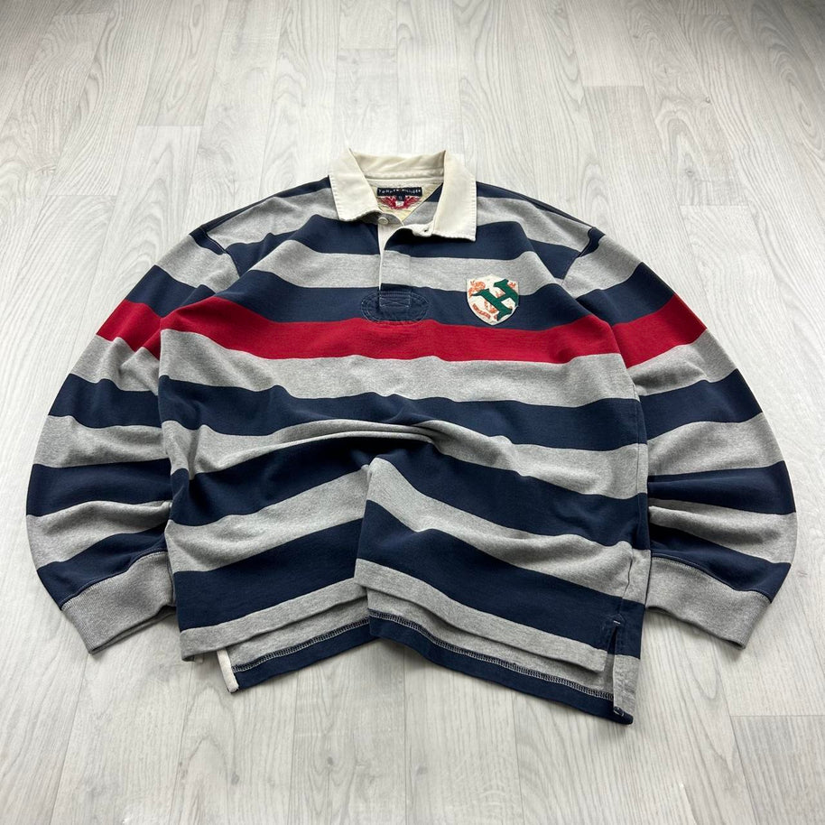 VINTAGE Y2K TOMMY HILFIGER STRIPED LONG SLEEVE RUGBY POLO SHIRT GREY / NAVY