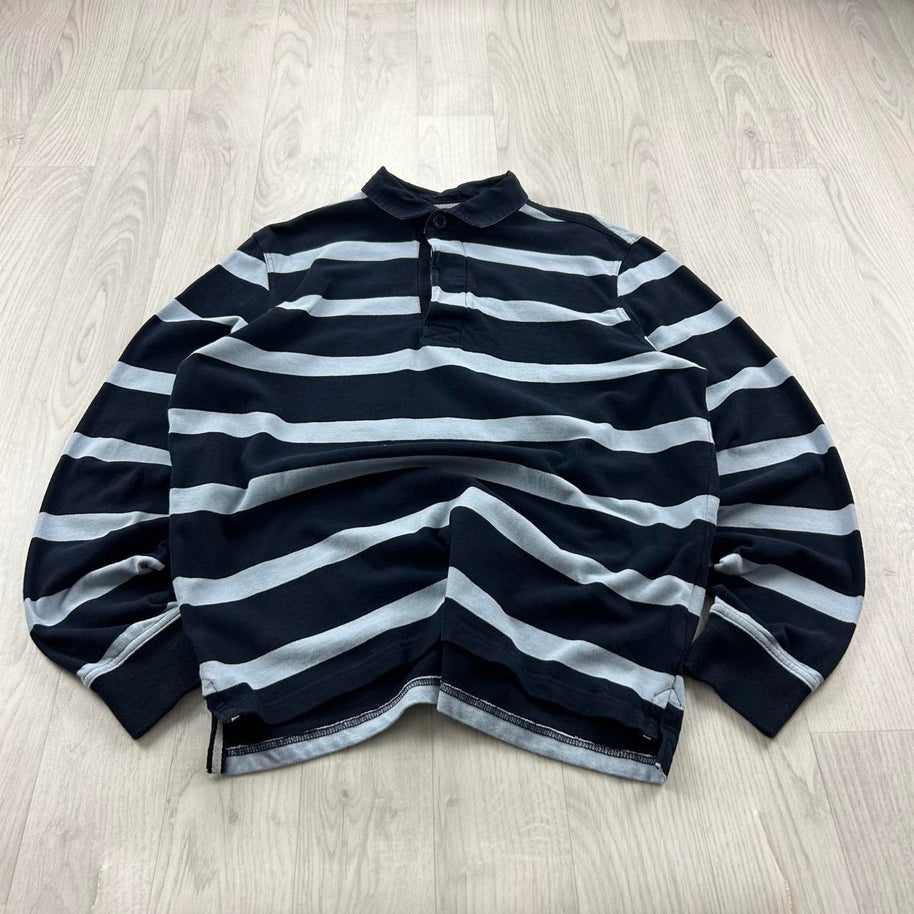 VINTAGE Y2K STRIPED LONG SLEEVE RUGBY POLO SHIRT NAVY / BLUE