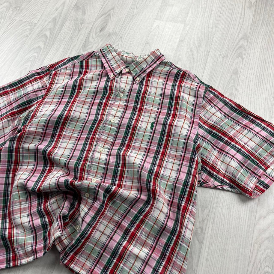 VINTAGE 00s RALPH LAUREN CHECKERED CROPPED SHORT SLEEVE BUTTON UP SHIRT RED