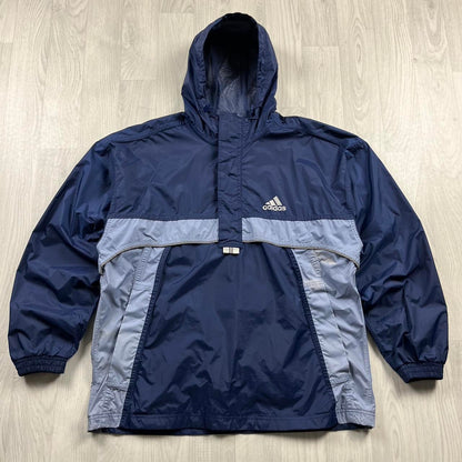 VINTAGE 90s ADIDAS QUARTER ZIP WIND BREAKER HOODED JACKET NAVY