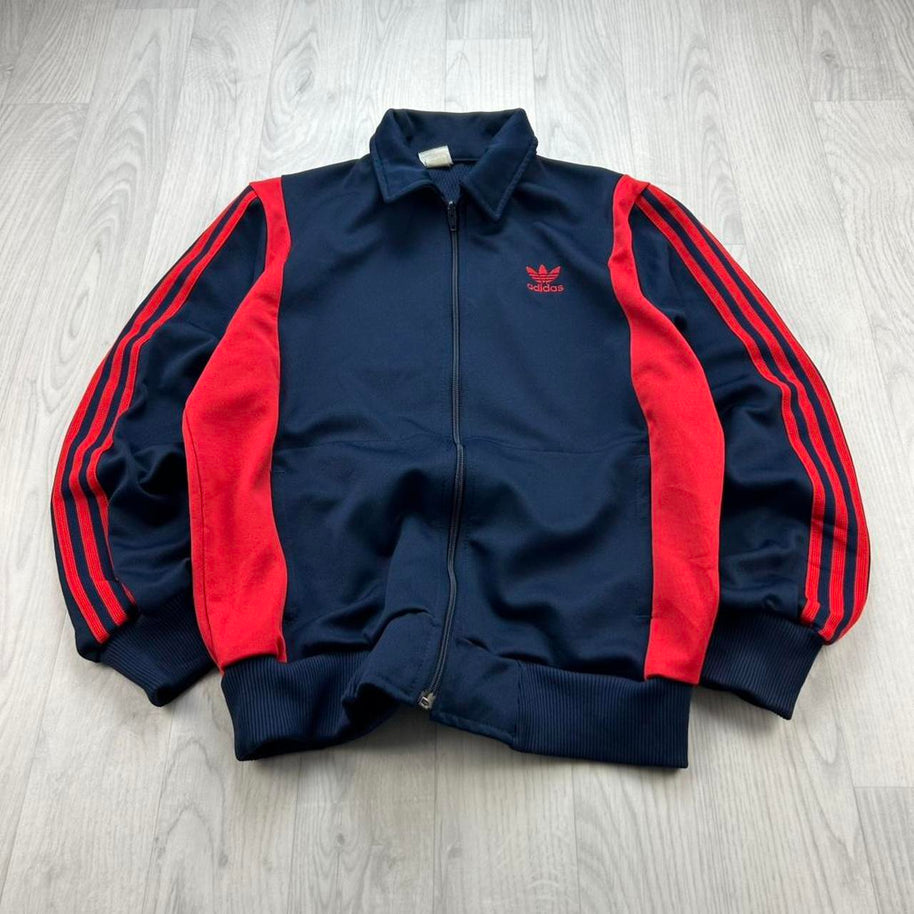 VINTAGE 80s ADIDAS ZIP UP TRACK JACKET NAVY / RED