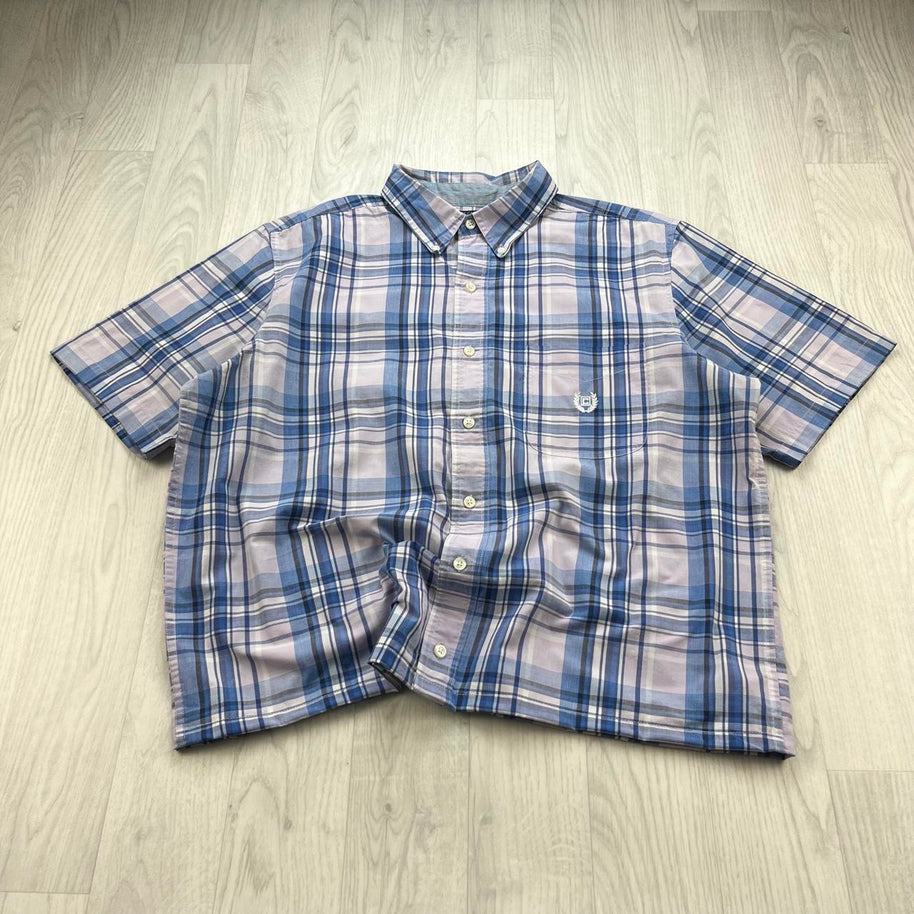 VINTAGE 00s CHAPS CHECKERED CROPPED SHORT SLEEVE BUTTON UP SHIRT BLUE