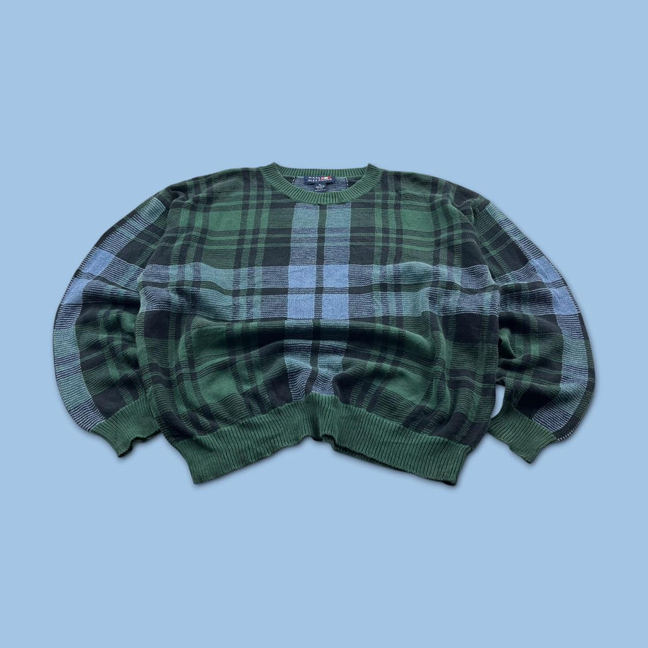 VINTAGE 90s CHECKERED PATTERN KNITTED JUMPER GREEN / BLUE