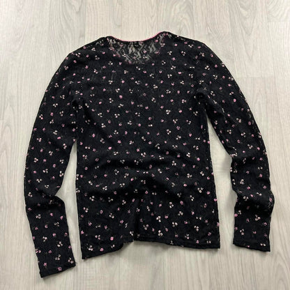 VINTAGE Y2K MESH FLORAL BUTTON CARDIGAN BLACK PINK