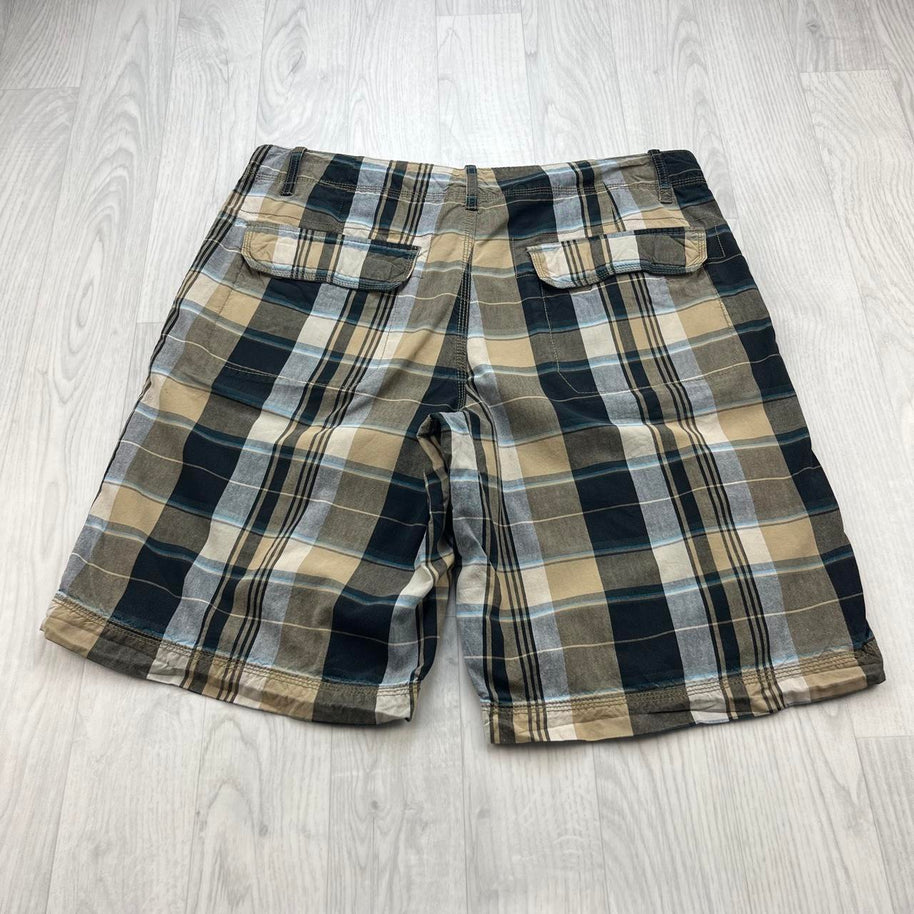 VINTAGE Y2K ROUTE 66 BAGGY CHECKERED PLAID SHORTS BEIGE / BLACK