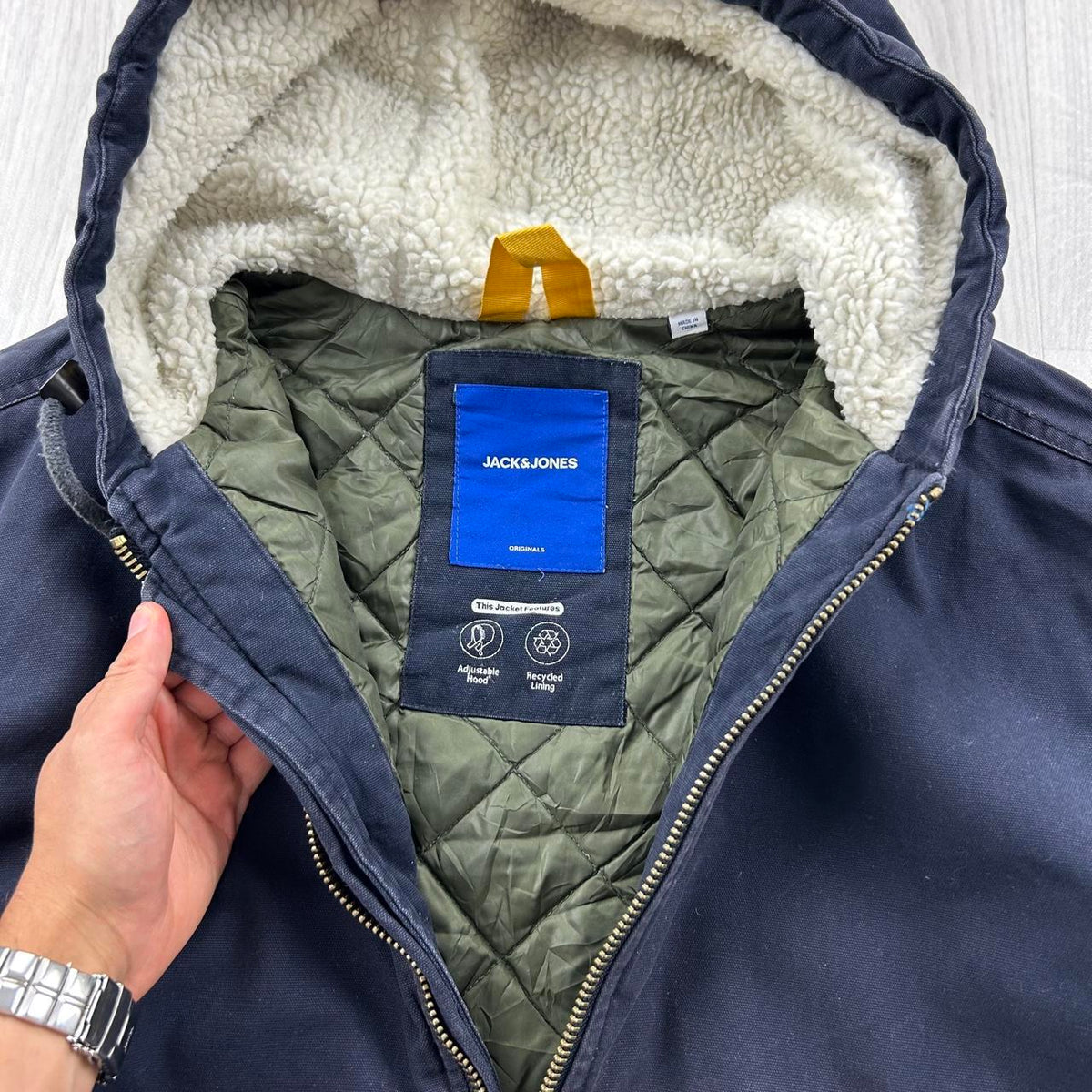 VINTAGE 00s JACK & JONES HOODED WORKWEAR BOMBER JACKET NAVY