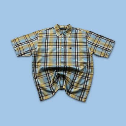 VINTAGE Y2K QUIKSILVER CHECKERED SHORT SLEEVE SHIRT BLUE YELLOW