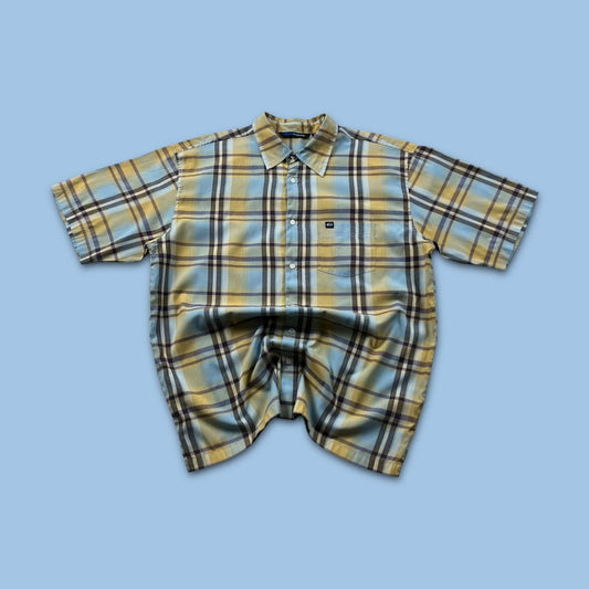 VINTAGE Y2K QUIKSILVER CHECKERED SHORT SLEEVE SHIRT BLUE YELLOW