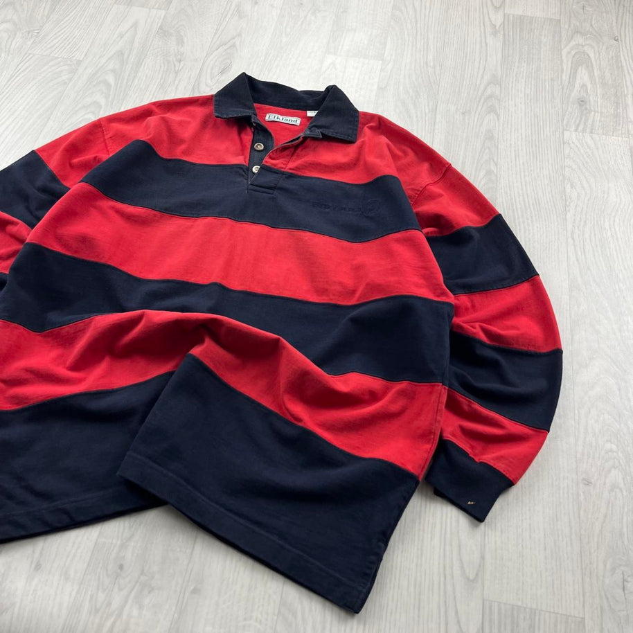 VINTAGE Y2K STRIPED LONG SLEEVE RUGBY POLO SHIRT RED NAVY