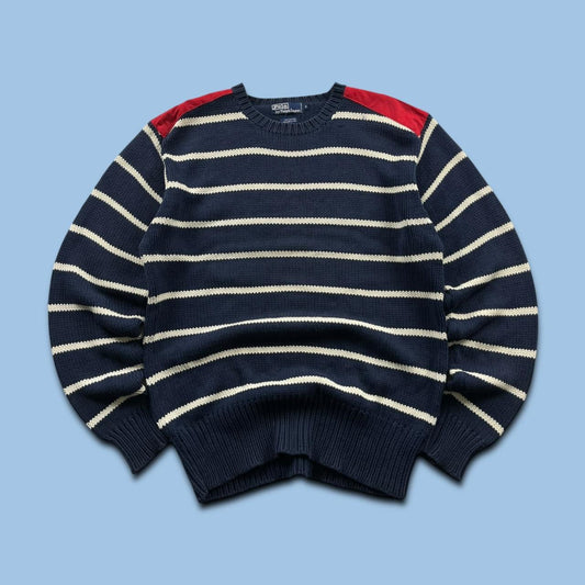 VINTAGE Y2K POLO RALPH LAUREN CHUNKY STRIPED KNITTED JUMPER NAVY