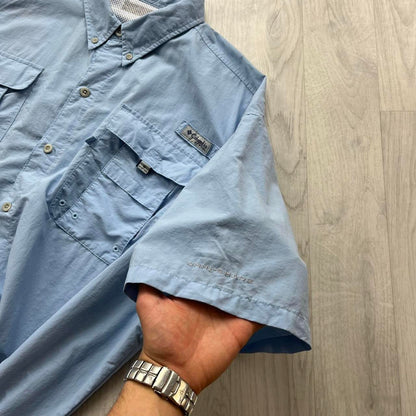 VINTAGE Y2K COLUMBIA SHORT SLEEVE UTILITY SHIRT LIGHT BLUE