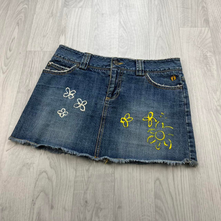 VINTAGE Y2K HANG TEN DENIM EMBROIDERED MINI SKIRT BLUE