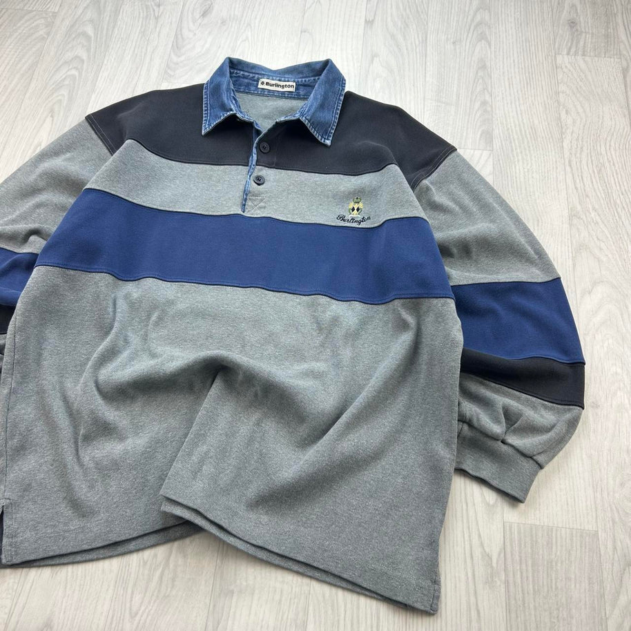 VINTAGE Y2K STRIPED LONG SLEEVE RUGBY POLO SHIRT GREY