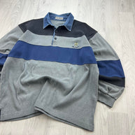 VINTAGE Y2K STRIPED LONG SLEEVE RUGBY POLO SHIRT GREY