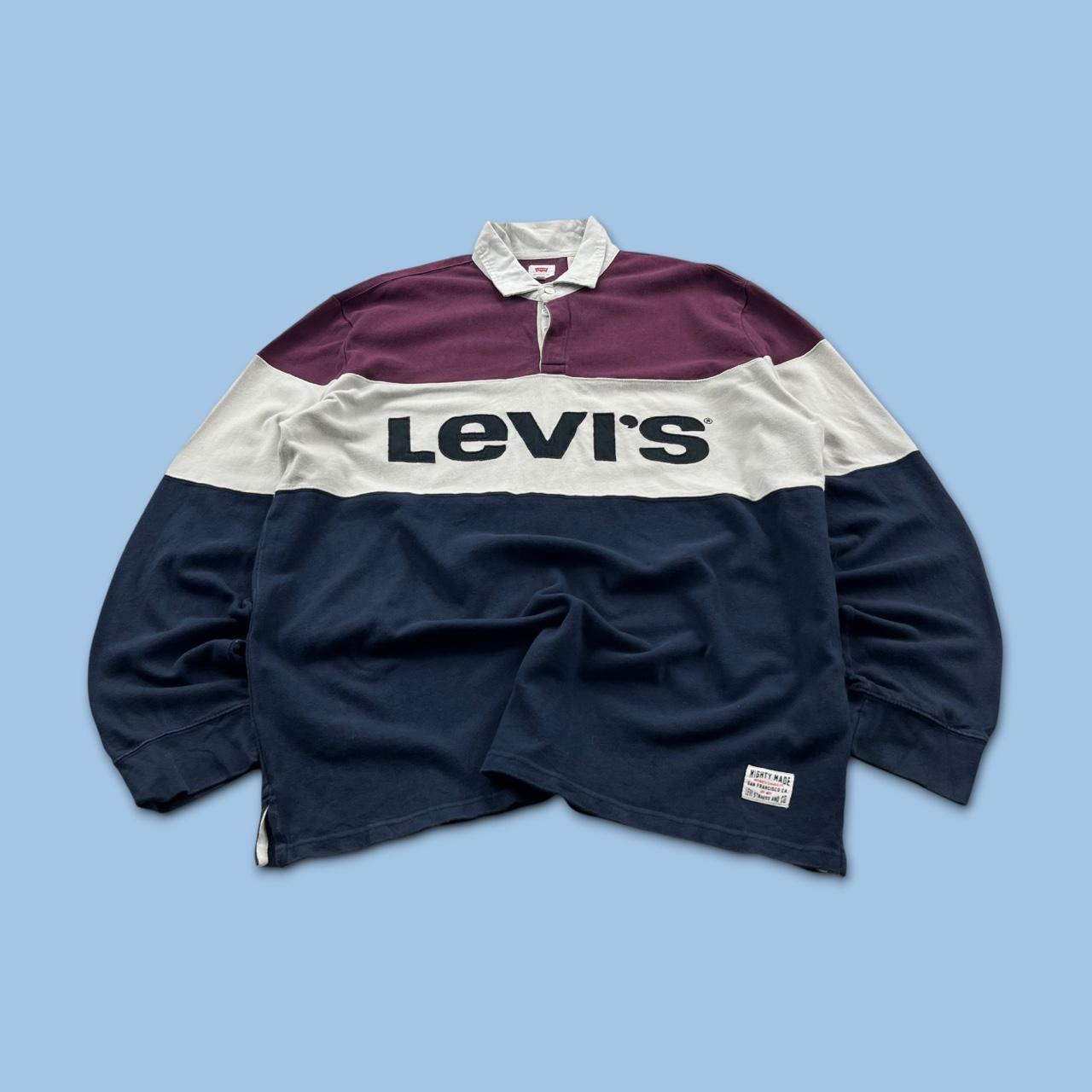 VINTAGE Y2K LEVIS STRIPED LONG SLEEVE RUGBY POLO SHIRT NAVY / BURGUNDY