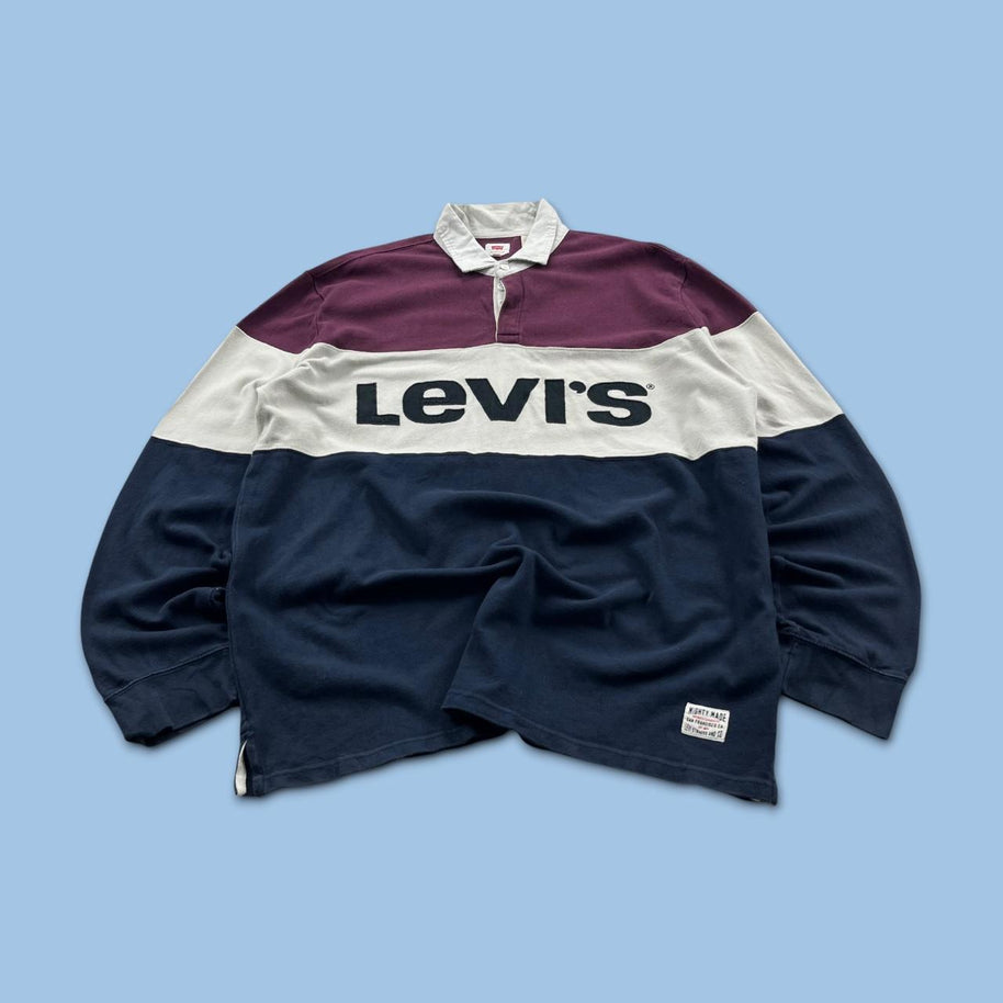 VINTAGE Y2K LEVIS STRIPED LONG SLEEVE RUGBY POLO SHIRT NAVY / BURGUNDY