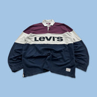 VINTAGE Y2K LEVIS STRIPED LONG SLEEVE RUGBY POLO SHIRT NAVY / BURGUNDY