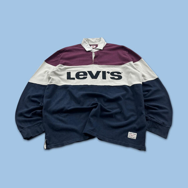 VINTAGE Y2K LEVIS STRIPED LONG SLEEVE RUGBY POLO SHIRT NAVY / BURGUNDY