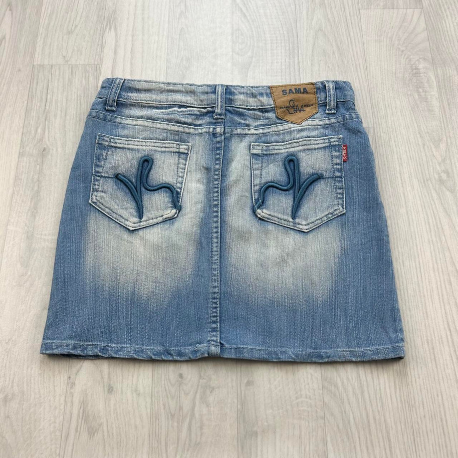 VINTAGE Y2K SAMA DENIM MIDI EMBROIDERED SKIRT BLUE