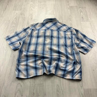 VINTAGE 00s CHEROKEE CHECKERED CROPPED SHORT SLEEVE BUTTON UP SHIRT BLUE WHITE