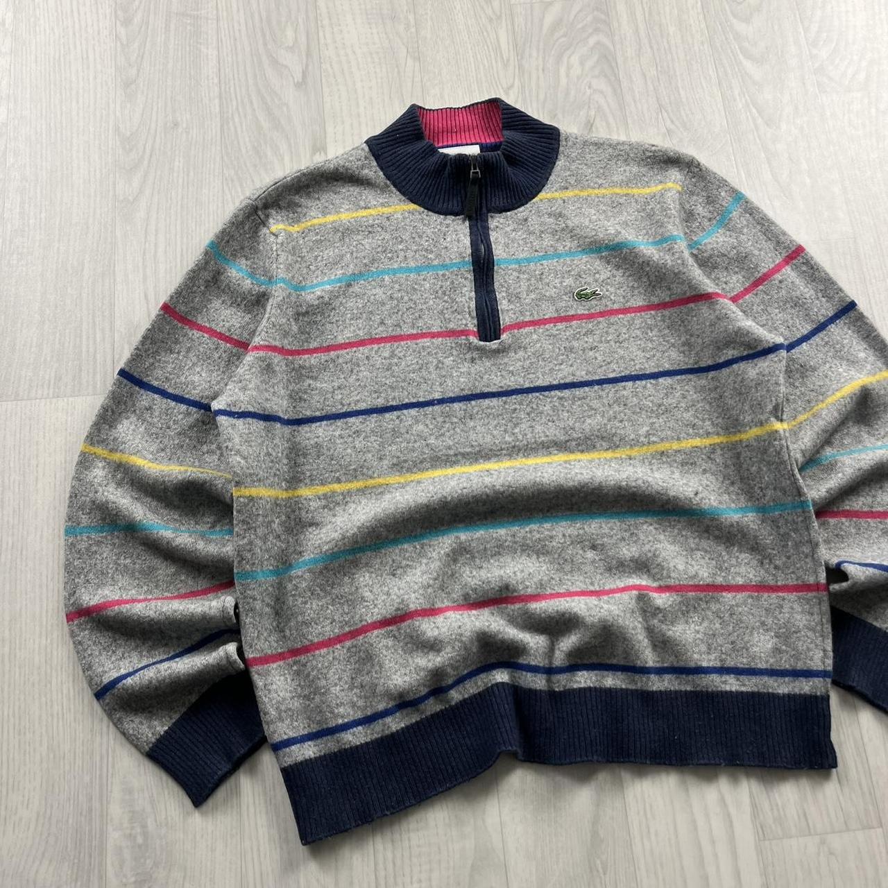 VINTAGE Y2K LACOSTE QUARTER ZIP STRIPED KNITTED JUMPER GREY