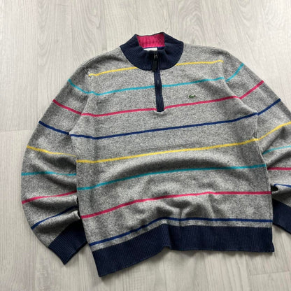 VINTAGE Y2K LACOSTE QUARTER ZIP STRIPED KNITTED JUMPER GREY
