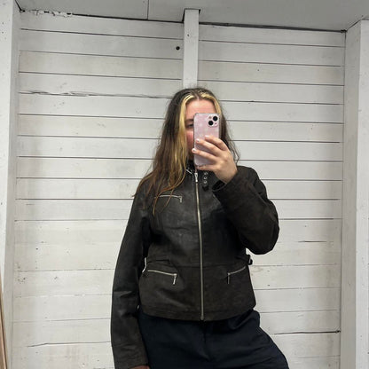 VINTAGE Y2K YESSICA UTILITY LEATHER JACKET BLACK (S)