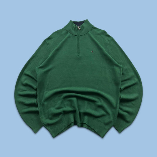 VINTAGE Y2K TOMMY HILFIGER QUARTER ZIP KNITTED JUMPER GREEN